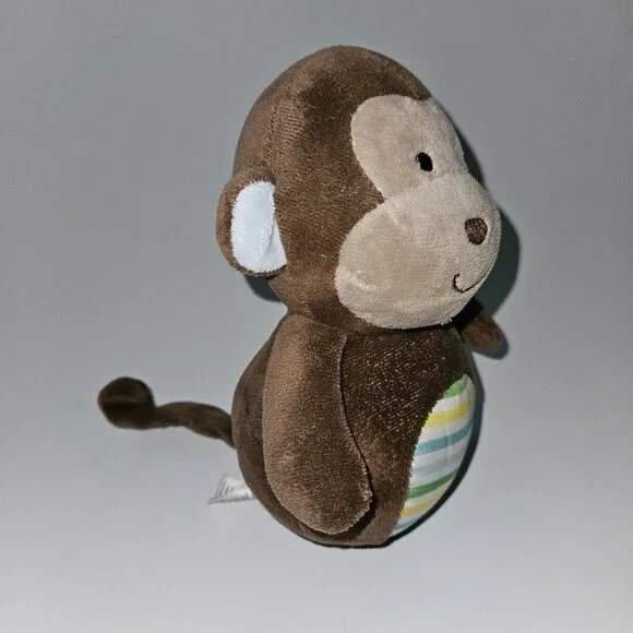 Carter's Monkey Plush Weighted Rattle Chime Wobble Blue Ears Yellow Stripes 2015